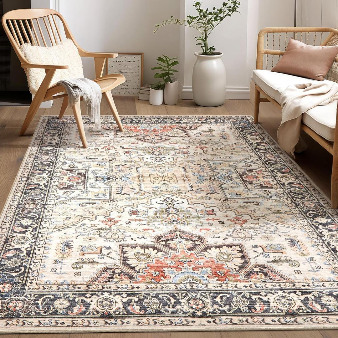 Area Rug for Living Room - 6x9 Soft Machine Washable Oriental Vintage Floral Distressed Large Indoor Floor Carpet for Bedroom Under Dining Table Home Office Decor - Multi