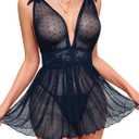 Lilosy Sexy Polka Dots Mesh Sheer Lace Babydoll Chemise Lingerie Set Floral Sleep Wear (Large, Navy Blue)