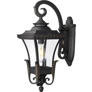 Emliviar 1-Light Farmhouse Outdoor Porch Light, 23.6 Inch Exterior Wall Mount Lamp for House Garden, Black Finish in Seeded Glass, XE291BM BG (Medium)