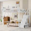 KEIKI Full Size Metal Loft Bed Frame with Convertible Staircase, Built-in Storage Shelves and Wardrobe, Loft Bed with Solid Slats, Guardrail, No Box Spring Required, Easy Assembly, for Bedroom, White