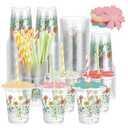 Teecyhooo 50 Sets 12oz Wildflower Disposable Plastic Cups with Lids and Flower Designed Straws Spring Floral Cold Beverage Drinking Cups for Spring Summer Wedding Birthday Bridal Baby Shower Party