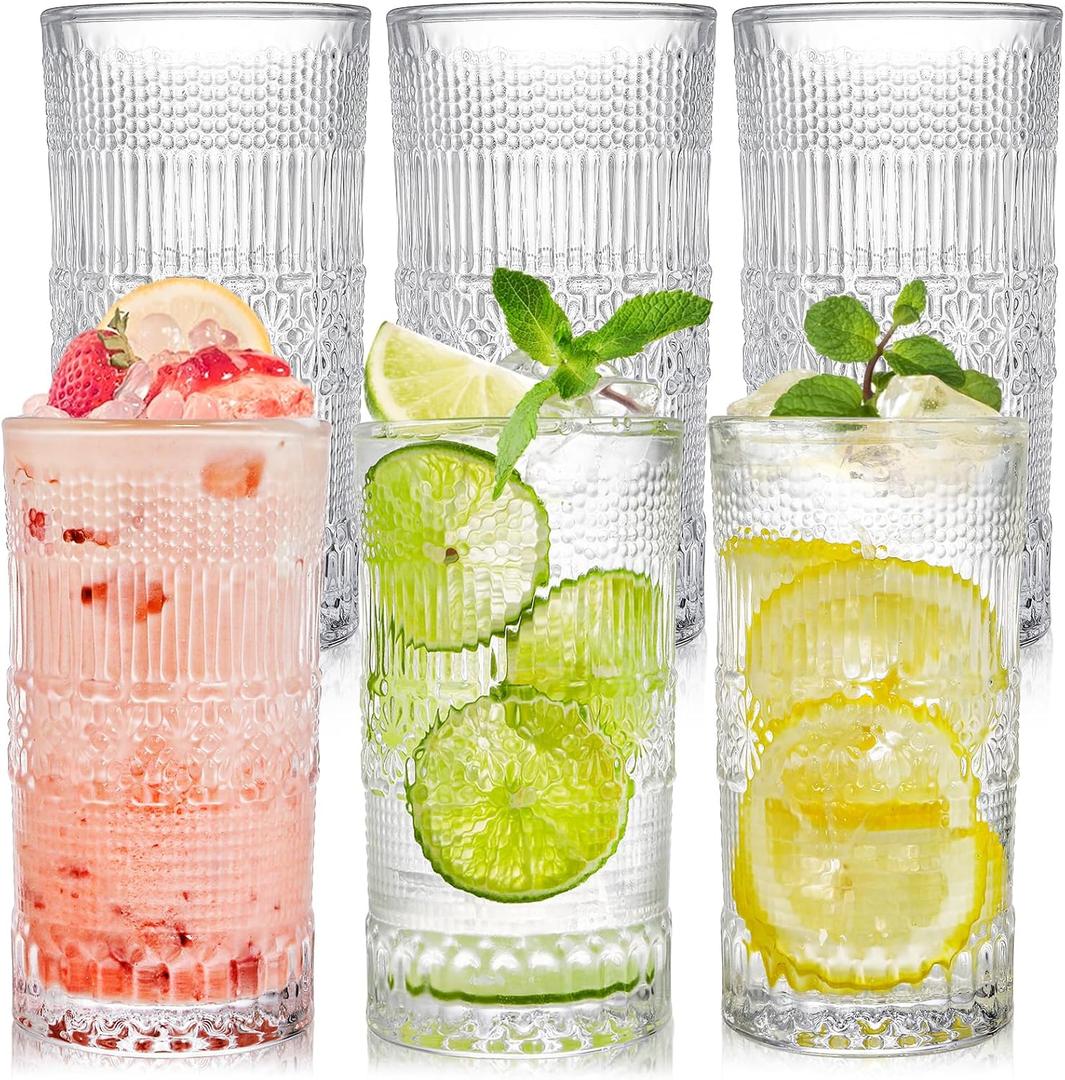 Cedilis Set of 6 Romantic Water Glasses, 13oz Highball Glasses Tall Drinking Glasses, Crystal Glassware Set for Beer, Juice, Whiskey, Cocktail, Beverages