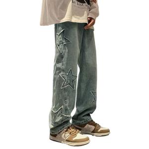 HBER Mens Y2k Star Jeans High Waisted Hip Hop Streetwear Jeans Loose Baggy Embroidery Aesthetic Harajuku Denim Pants Vintage Blue Small