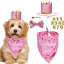 PTDECOR Dog Birthday Party Supplies, Multi Size Birthday Girl Bandana, Pink Crowns Hat Set for Small Pets (Small)