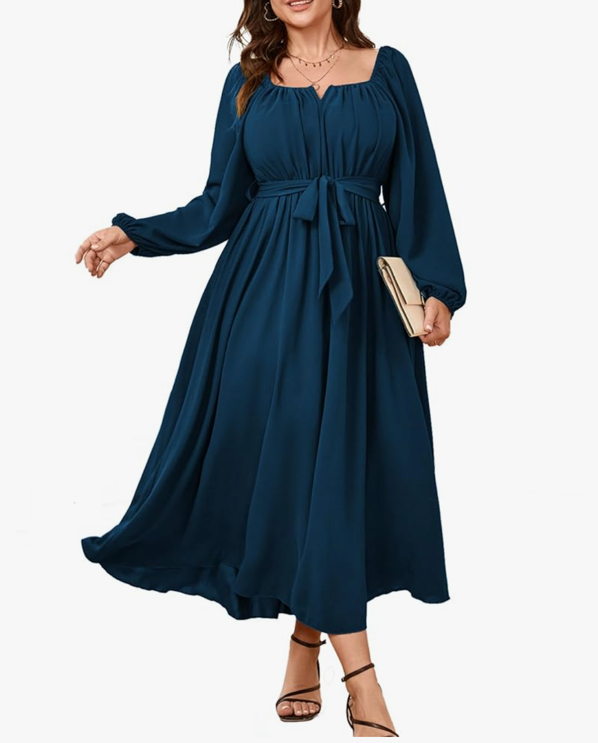 SCOMCHIC Women Plus Size Maxi Dress Long Sleeve Square Neck Wedding Guest Cocktail Belted Elegant Flowy A Line Long Dresses,3 XL