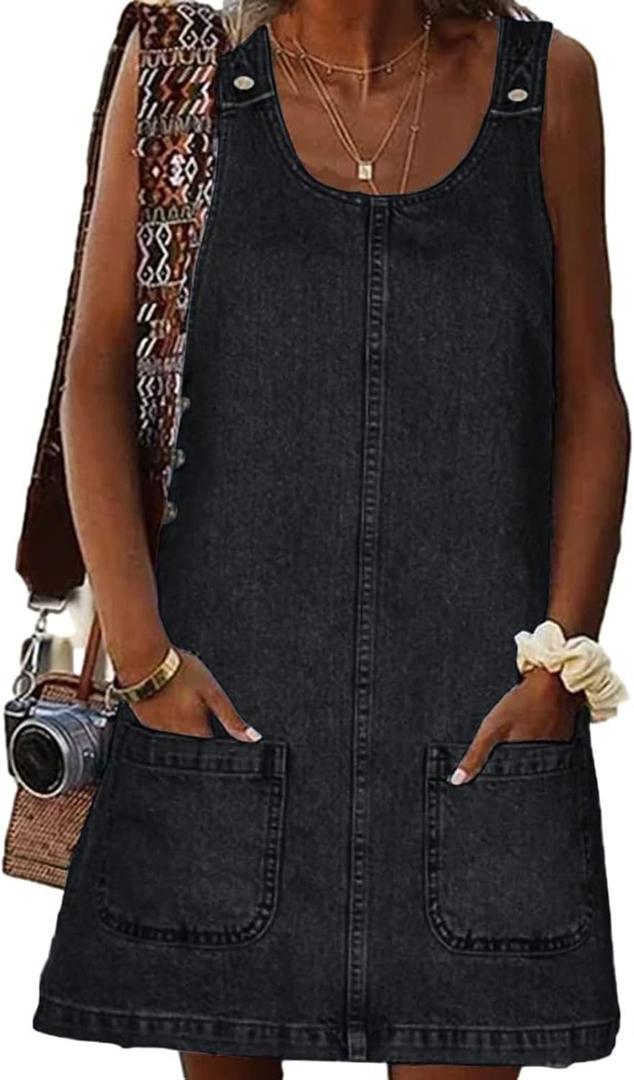Women's Denim Dress Sleeveless Casual Crewneck Vintage Overall Dress Jean Mini Dresses with Pockets Black (Black, S)