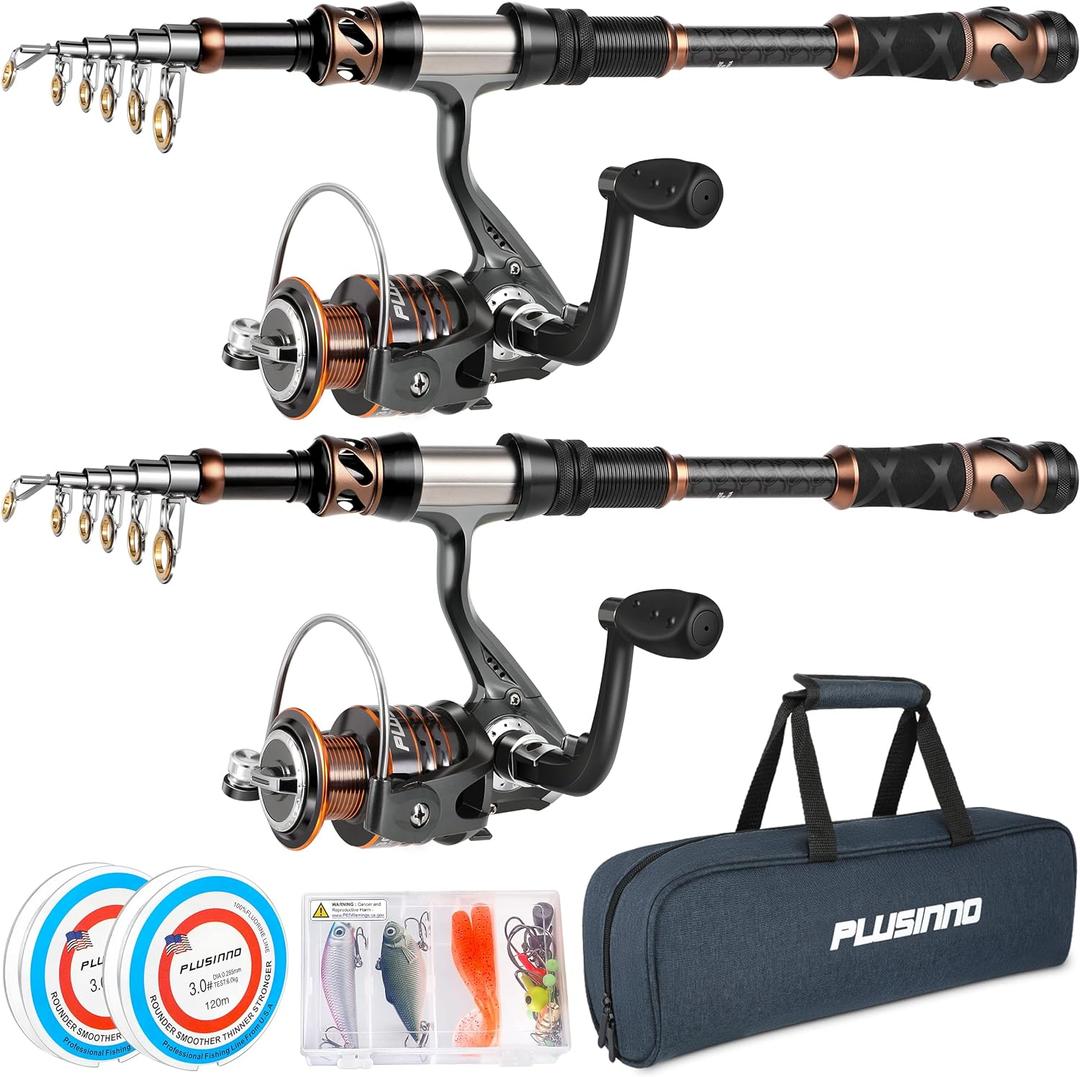 PLUSINNO Fishing Rod and Reel Combos - Carbon Fiber Telescopic Fishing Pole - Spinning Reel 12 +1 Shielded Bearings Stainless Steel BB (2PACK Full Kit with Carrier Case)