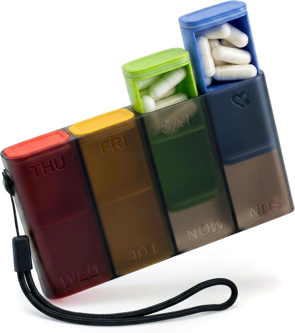 4 x Travel Pill Organizer Weekly Case for Once-Daily Use, Compact Pill Box 7 Day for Purse, Smooth Slide-Out Access, 8 Compartments for Daily Vitamins and Supplements, Easy to Use at Home or On the Go