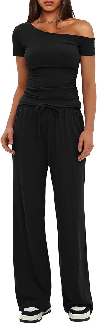 Darong Women's 2 Piece Outfits Lounge Sets Off Shoulder Short Sleeve Tops and High Waisted Wide Leg Pants Tracksuit Sets (Large)