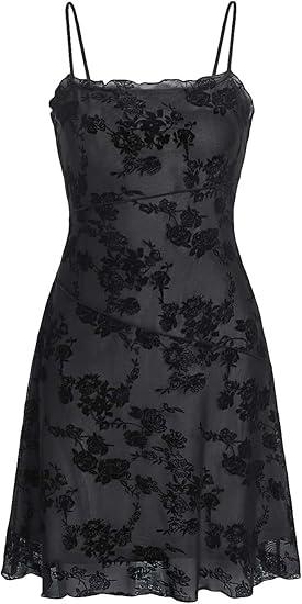 Verdusa Women's Mini Dress Floral Spaghetti Strap Mesh Dresses Going Out Festival Concert Outfits Grunge Gothic Clothes Size M