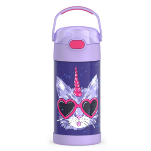 THERMOS FUNTAINER Water Bottle with Straw - 12 Ounce - Kids Stainless Steel Vacuum Insulated Water Bottle with Lid, Cool Caticorns