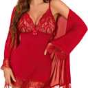 ROJZR Women Lingerie Set 3 Piece Babydoll Lace Kimono Robe Strap Chemise Nightgown Mesh Sleepwear Bodysuit (Red)