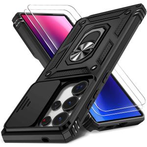 Case for Samsung Galaxy S25 Ultra with Slide Camera Cover+Screen Protector(2 Packs), Military Grade Shockproof Protective Cover, Rotated Ring Kickstand(B - Black)