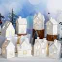 Wesiti 28 Pcs Ceramic LED White Christmas Village Set Include 8 LED White Christmas Village Houses 18 Xmas Trees 2 Lamp Post Scenes Decor Xmas Figurine Decoration Tabletop Mantel Shelf(Elegant)