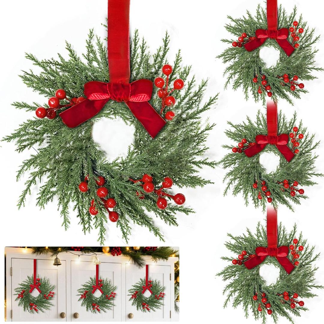 4 Pack 10 Inch Mini Christmas Wreath for Cabinets Kitchen Windows, Small Christmas Wreath with Cypress Branches Red Berried Red Bow Artificial Xmas Small Wreaths for Front Door Wall Stairs Home Decor