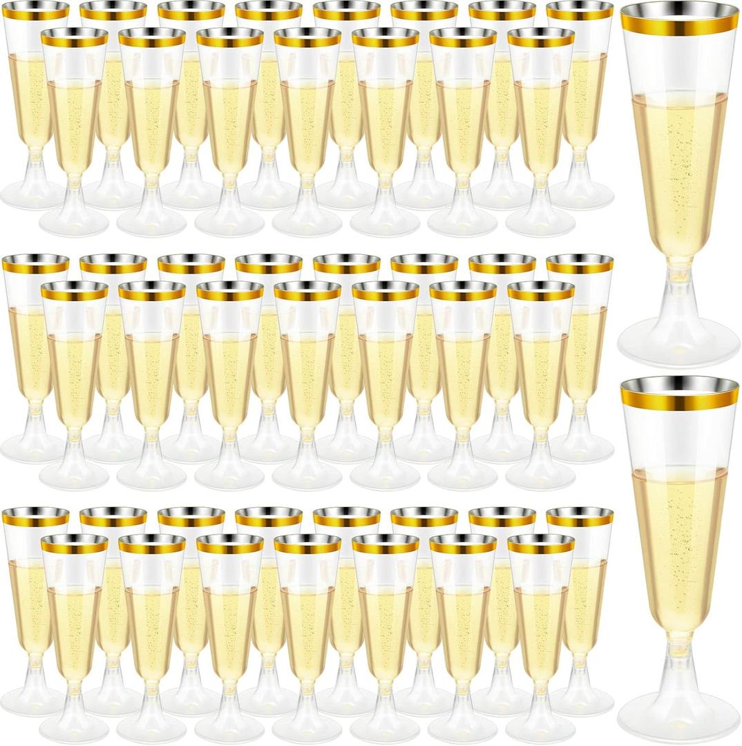 CHENGU 200 Pack Disposable Champagne Flutes, 5 oz Plastic Champagne Glasses Toasting Flutes Cocktail Cups for Parties, Wedding, New Year's Eve for Celebration(Gold)