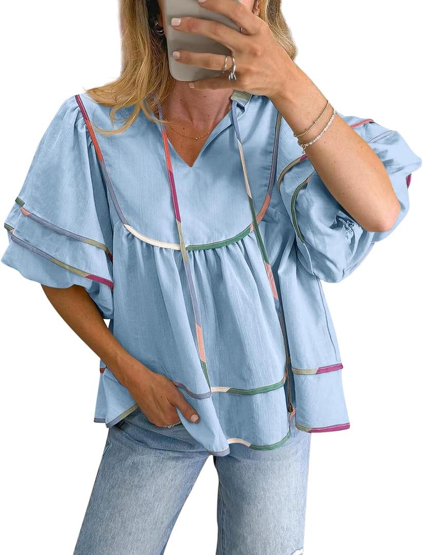 Cicy Bell Womens Summer Babydoll Tops V Neck Short Lantern Sleeve Shirts Cute Loose Fit Peplum Flowy Blouses (Blue, L)