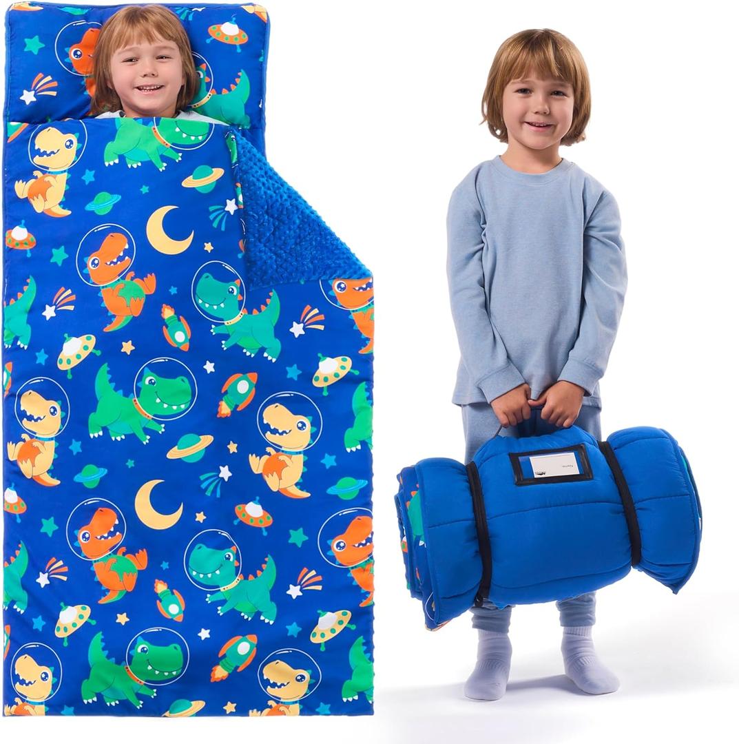JOIEDOMI Toddler Nap Mat for Preschool 55''x30'' Sleeping Mat with Removable Pillow and Minky Blanket for Kids Ages 3-7 Roll Up Soft Kids Sleeping Bag for Boys Girls Kindergarten Daycare Sleepover (Dark Blue Dinosaur)