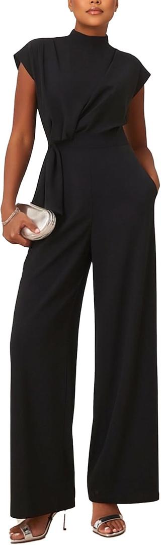 SheKiss Casual Elegant Jumpsuits For Women Dressy 2026 One Piece Short Sleeve Rompers Wide Leg Formal Business Outfits (Black, L)