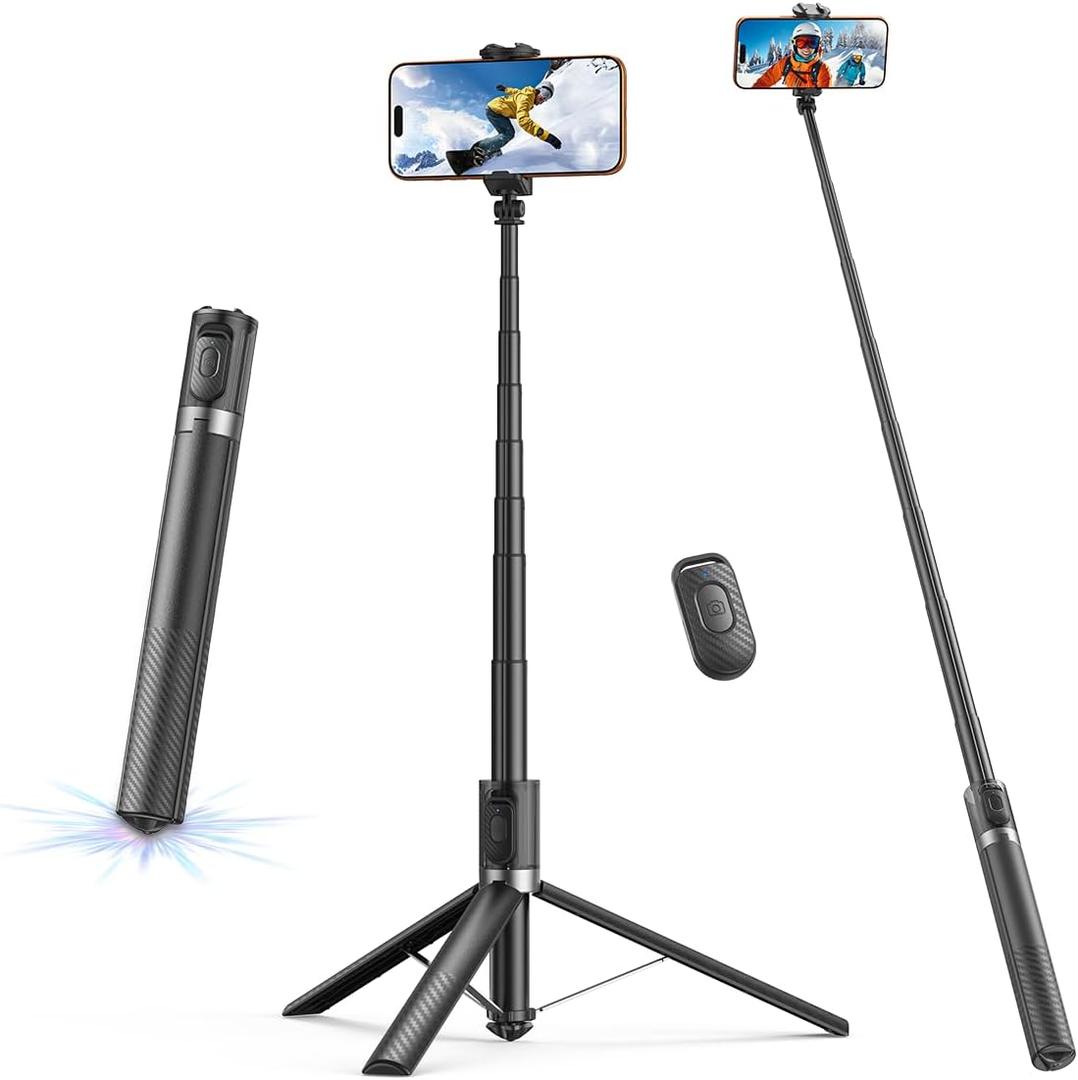 65" Automatic Phone Tripod, Auto-Open and Close Selfie Stick Tripod with Remote, Extendable Cell Phone Stand for iPhone & Android, Lightweight Selfie Stick for Creators, Vloggers, Travel, YouTube