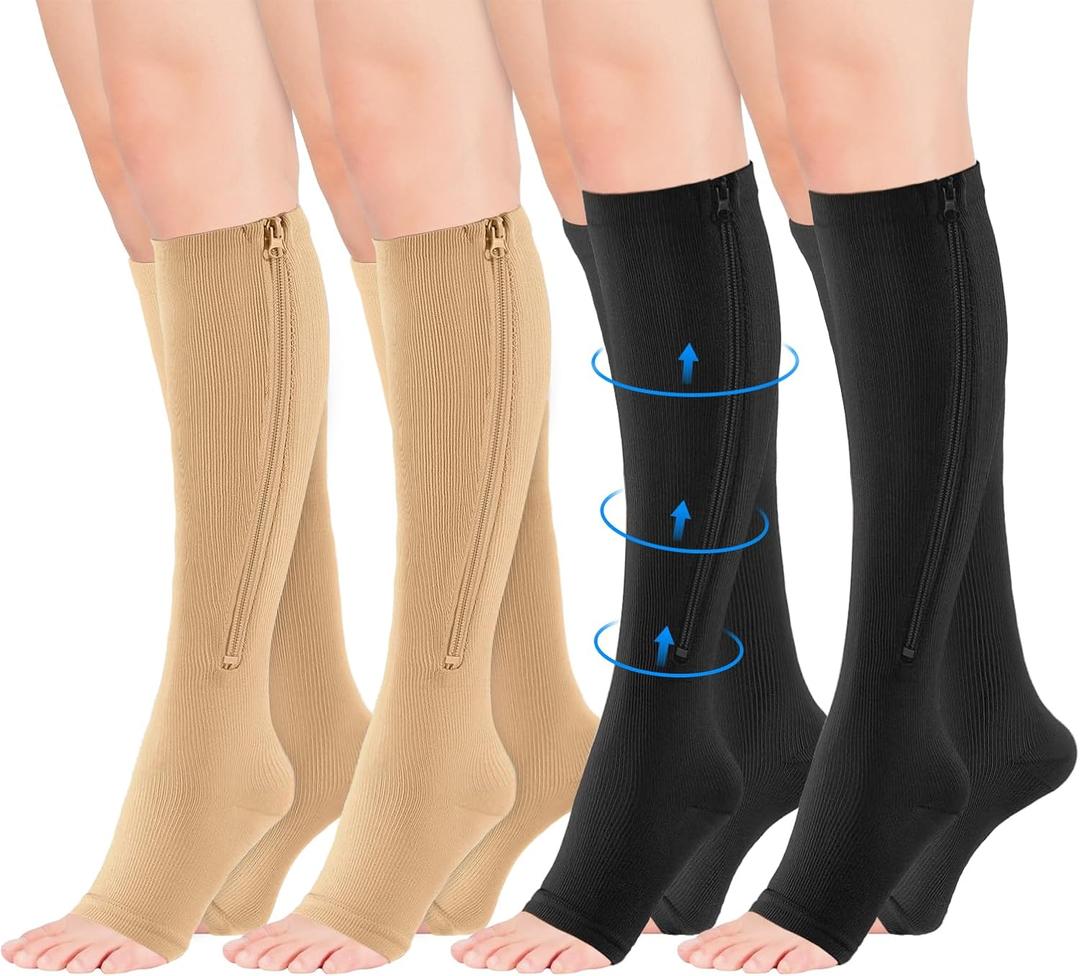 4 Pairs Zipper Compression Socks for Women & Men,15-20 mmHg Medical Open Toe Knee High Support Socks, Easy Wear, Elastic & Comfortable, for Fitness, Flight, Running Marathon (XXL, Nude+Black)