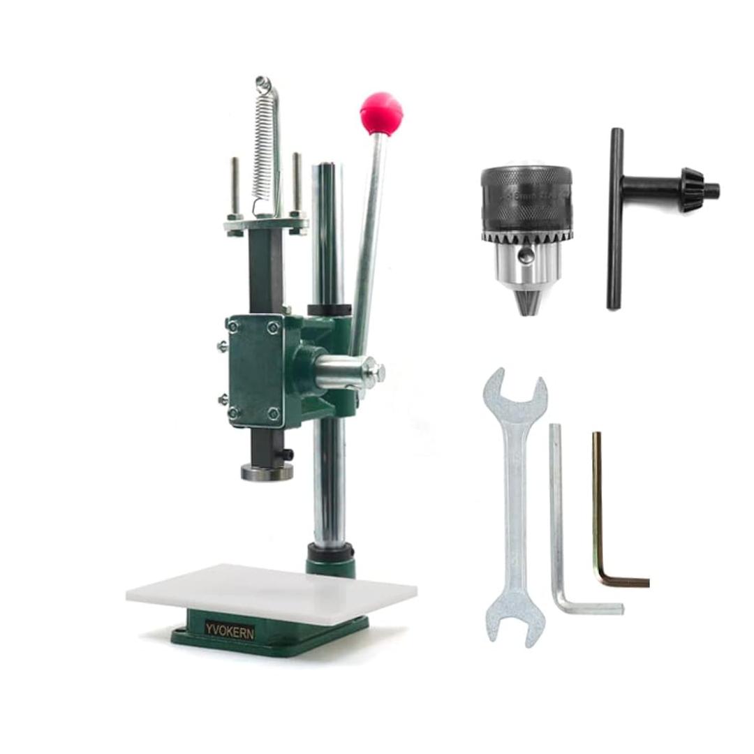 Multi-Function Hand Press and Hole Punch Machine for Stamping Leather Stitching Holes with 1.5-13MM Chuck and 4.4cm Press Plate Get Your Craft Work Slient (YVK-16S-PP-CK1)