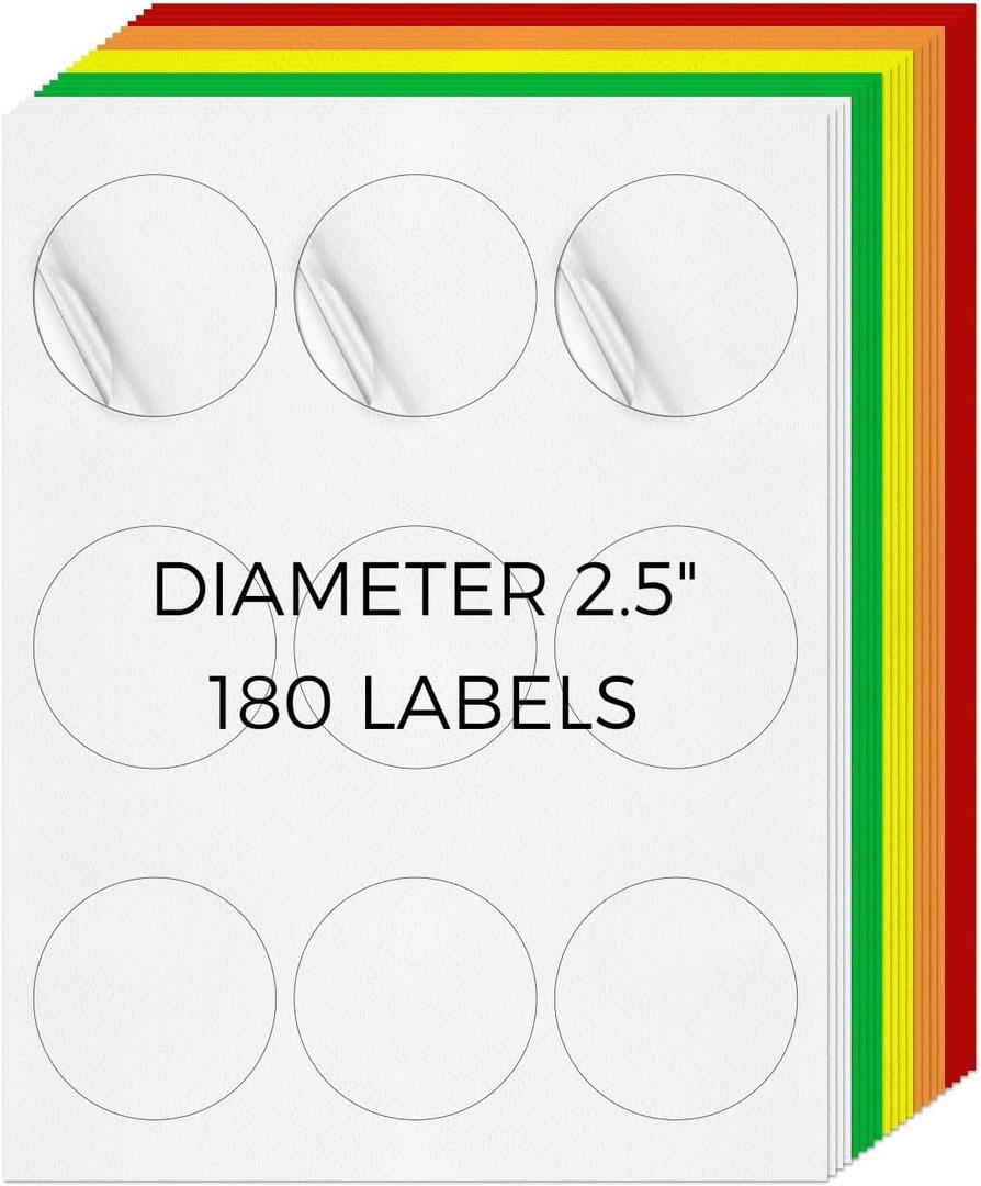 Assorted Color Printable Round Labels 2.5 Inch Self-Adhesive Vinyl Address Stickers Removable Blank Mailing Circle Decals for Shipping Inkjet Laser Printer 180 Labels