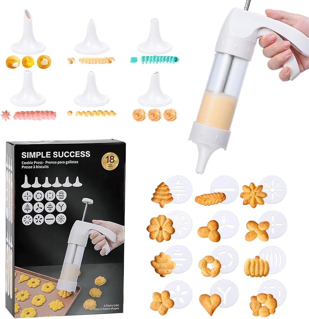 Spritz Cookie Press Gun with 12 Discs & 6 Piping Tips - Cookie Maker Kit for Baking Easy Cookies, Cheese Press & Sweet Decorations