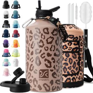 1 Gallon Water Bottle Insulated | Thickened Stainless Steel Vacuum Metal Water Jug | Portable Sports Large for Gym and Hiking with Straw, Carrier Bag, Handle Strap | BPA-Free 128 oz (Leopard Print)