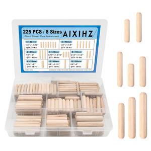 Fluted Wood Dowels Kit 1/4 3/8 5/16 Inch, 225 Pcs Hardwood Wooden Dowel Pins for Woodworking, Furniture Repair, Cabinet Making, DIY Crafts, 8 Sizes