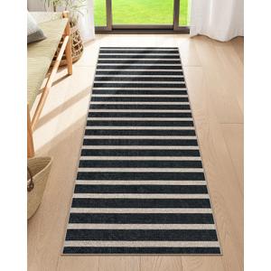 Lahome Elance Striped Easy Jute Kitchen Runner, 2x6 Washable Rug Runners for Hallways Non Slip Entryway Rug, Farmhouse Neutral Indoor Outdoor Black Carpet for Laundry Room Front Porch