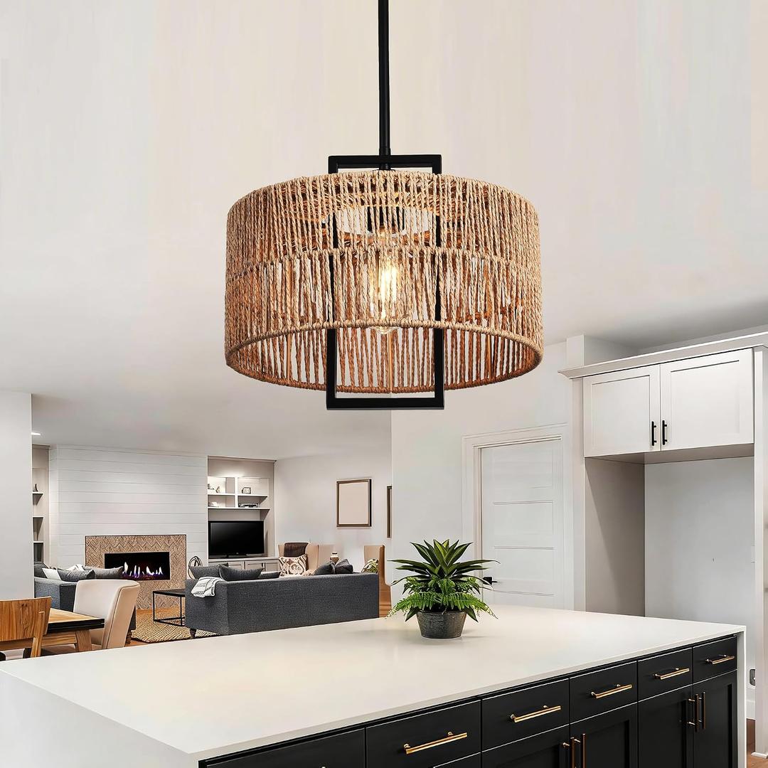 1-Light Boho Light Fixture 12.60" Rattan Pendant Light for Kitchen Island Hand Woven Rustic Dining Room Light Fixture Rattan Pendant Light Fixture