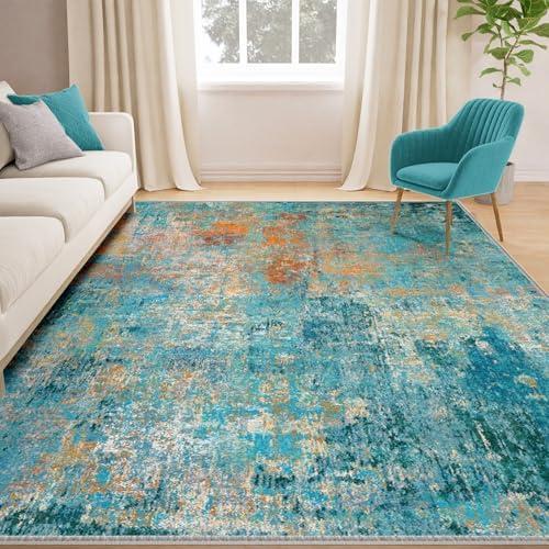 RELEANY Washable Area Rugs 5'x7' Non-Slip Modern Abstract Soft for Living Room Entryway Bedroom Nursery, Print Pattern, Teal Blue Green Orange Rust Red Colorful