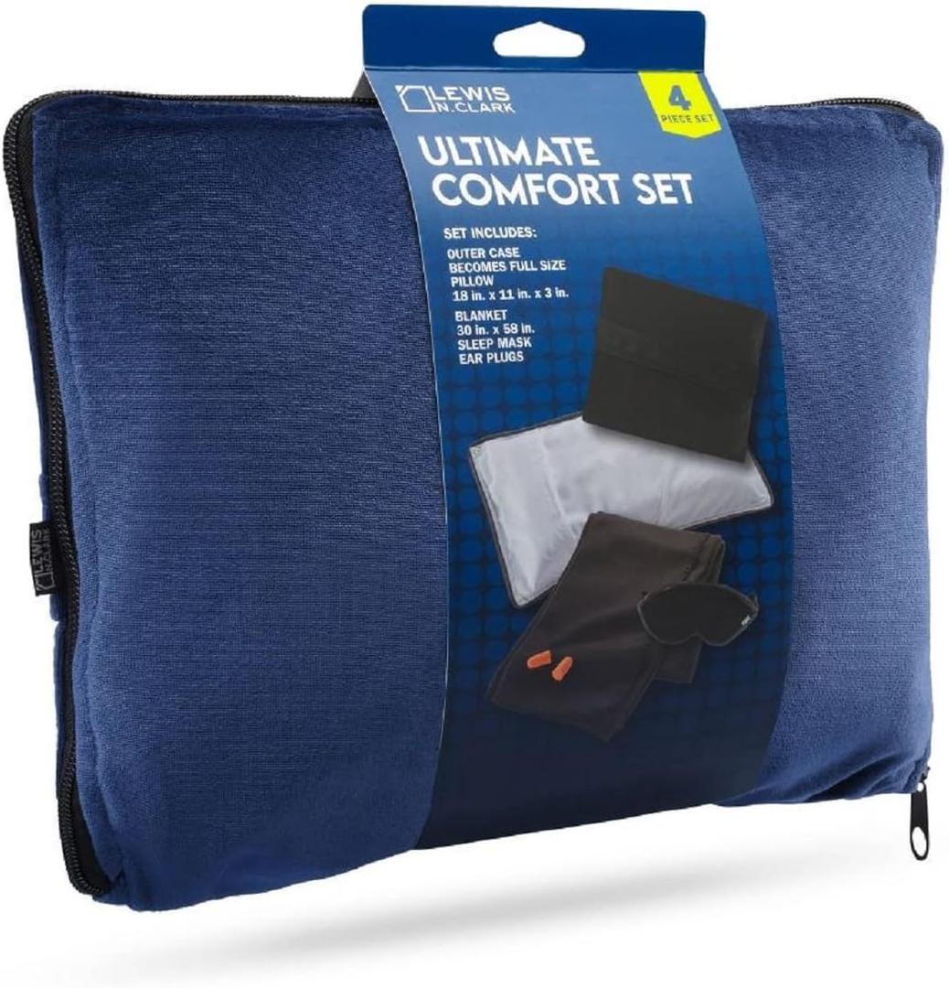 Lewis N. Clark Ultimate Comfort Set + Portable Travel Kit for Airplane, Includes Inflatable Pillow + Zippered Carrying Case, Cozy Fleece Blanket, Eye Mask for Sleeping & Foam Ear Plugs, Navy