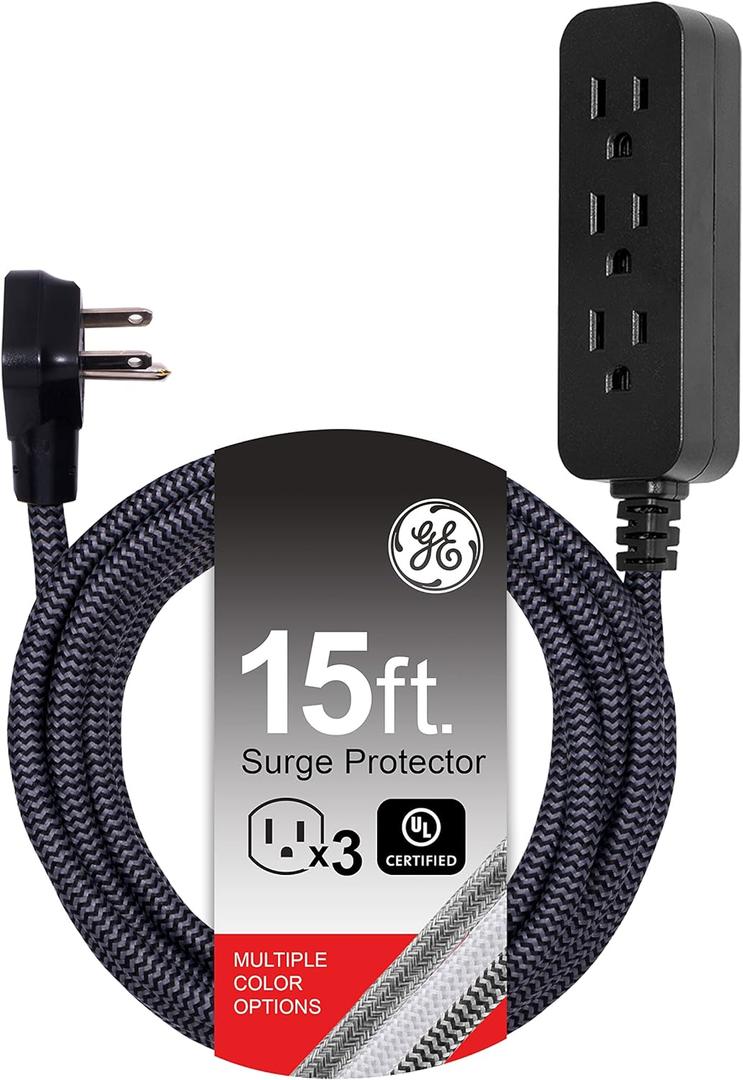 GE 3-Outlet Power Strip Surge Protector 15 Ft Braided Long Cord Extension Cord Surge Protector Power Strip Flat Plug Extension Cord 250 Joules ETL Listed Black 44237