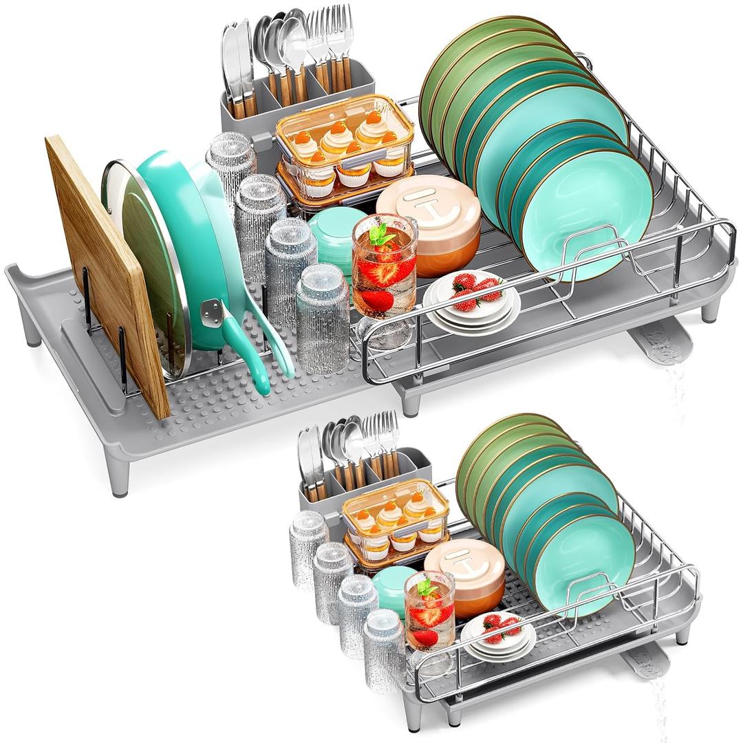 Expandable Dish Drying Rack, Foldable Dish Rack for Kitchen Counter, Stainless Steel Collapsible Dish Drainer Racks with Cutlery Holder, Gray (Large)