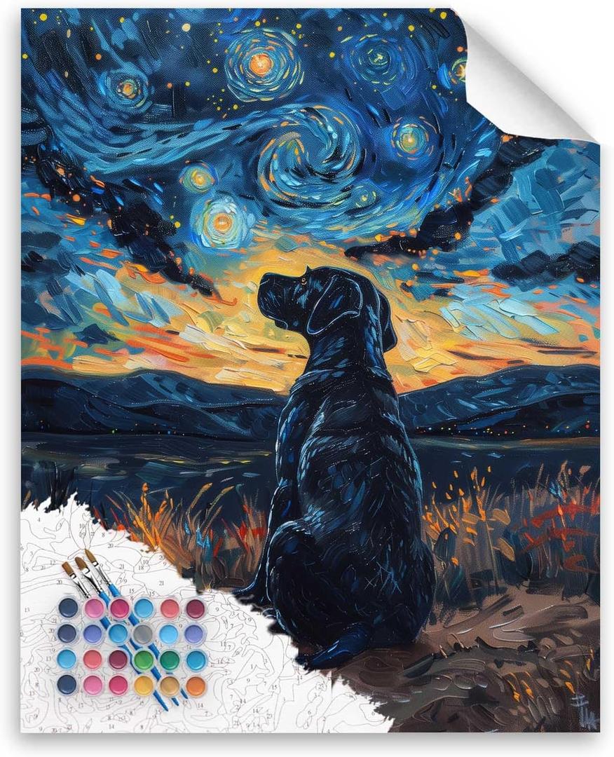 Black Dog Paint by Number, Black Lab Paint by Numbers Kit for Adults, Dog Starry Sky Canvas Wall Art, Labrador Acrylic Painting, Dogs Poster Home Wall Decor - Animals(16x20inch, No Frame)