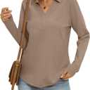 Womens Cotton Long Sleeve Polo Shirts Business Casual V Neck Collared Tops Loose Fit Work Blouses Fall Outfits 2025 (Small, Khaki)