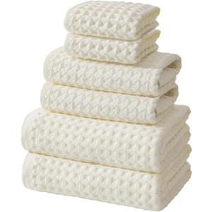 SK Studio 6 Piece Cotton Hotel Waffle Towel Set - 2 Bath, 2 Hand, 2 Washcloths - Large, Absorbent, Quick Dry for Bathroom Spa - White 