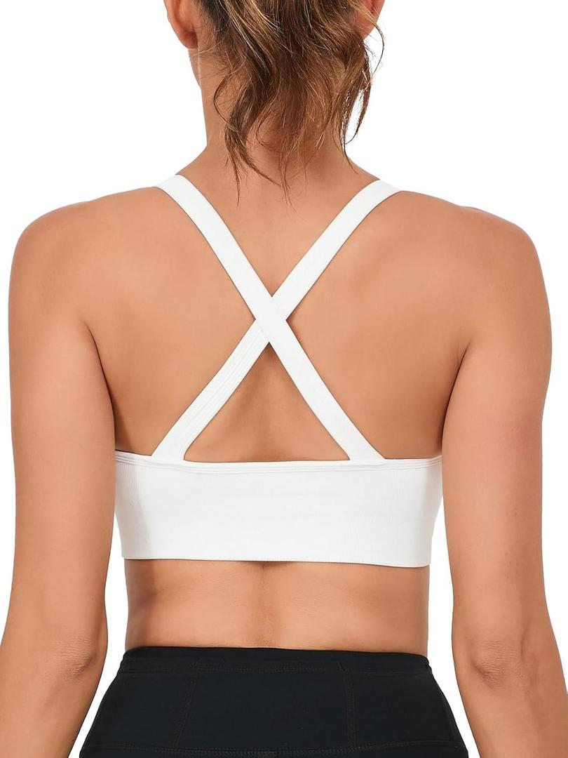 RUNNING GIRL Sports Bras for Women,Seamless Strappy Sports Bra High Support Crisscross Back with Removable Pads (Beige, M)