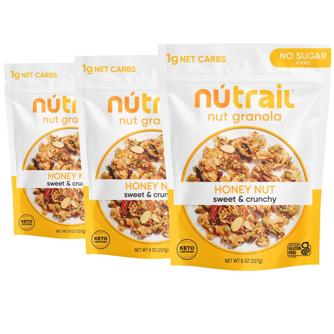 NuTrail Nut Granola Cereal, Honey Nut, No Sugar Added, Keto, Low Carb, Gluten Free, Grain Free, Healthy Breakfast 8 oz. 3 Count (EXP 11/23/26)