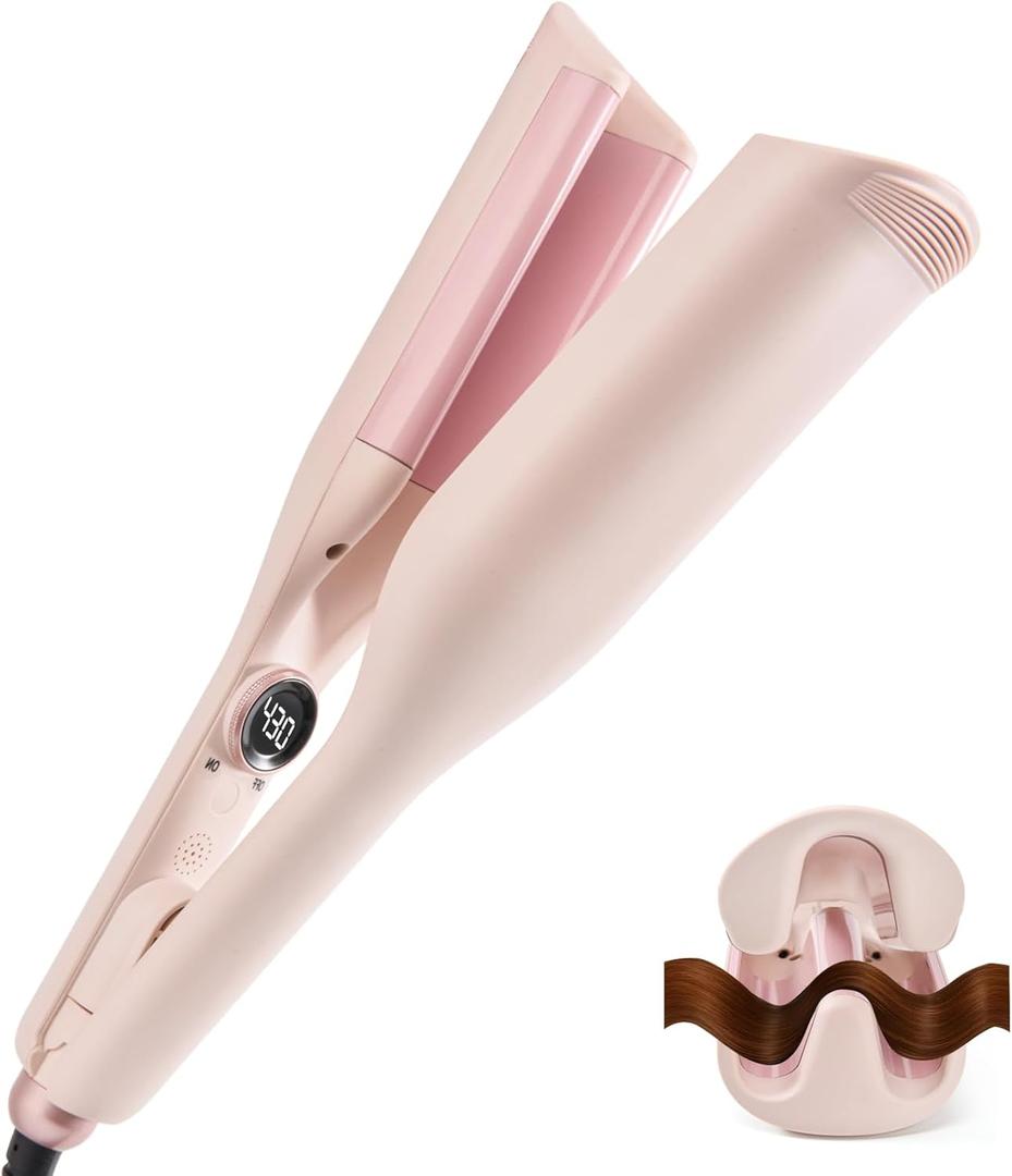 Curling Iron Hair Crimper Waver,1.25 inch Hair Waver for Women,Crimper Hair Tool,Ionic Beach Waver Hair Crimper with Ceramic 3 Barrel,Pink