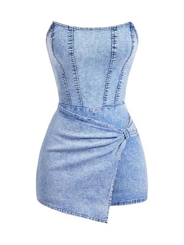 SOLY HUX Women's Y2k Tube Top Denim Romper Wrap Strapless Bodycon Short Jumpsuits Solid Blue Small