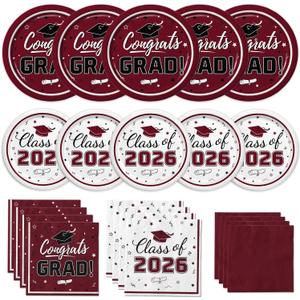 Graduation Maroon Party Supplies Kit Dinner Plates Dessert Plates and Napkins for Congrats Grad Party Decorations, Serves 50