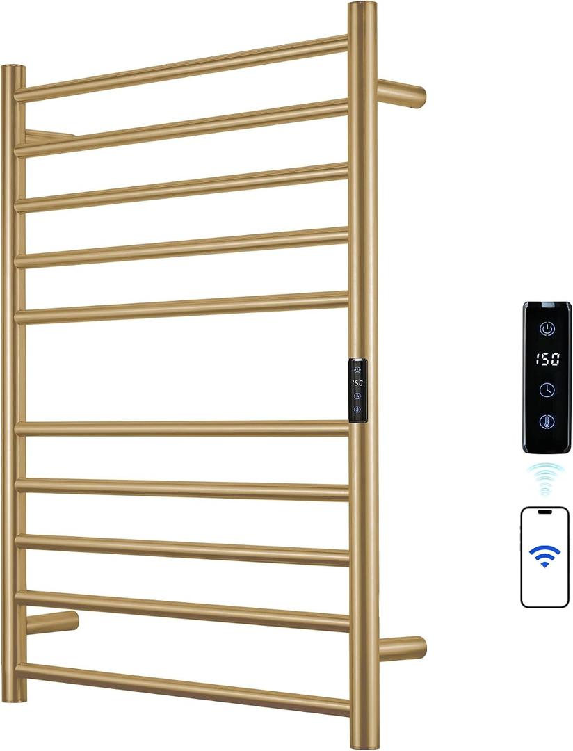 Electric Towel Rack with Voice Control for Alexa & Google Home,TUYA-Wall-Mounted Bathroom Heating Towel Warmer,Stainless Steel Material,31.5x20.08x4.41in,Plug-in,Gold，10 Bars