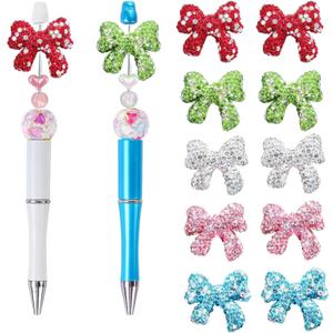 10 Pack Rhinestone Bow Shaped Beads for Beadable Pens Crystal Bowknot Loose Large Spacer Bead Charms for DIY Keychain Earring Necklace Jewelry Making Chirsmas Color (Bow 5 Color B)