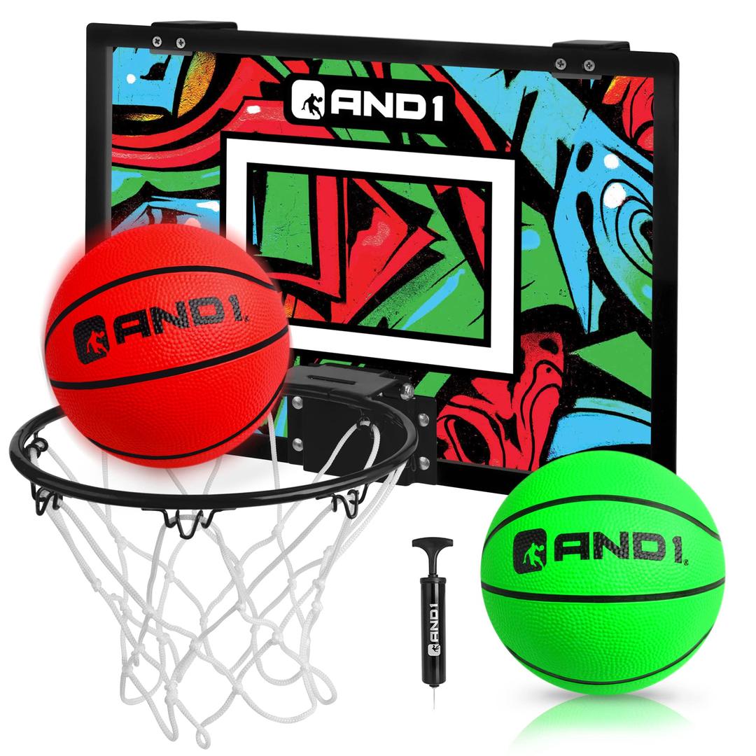 AND1 Over The Door Mini Hoop: - 18x12 Pre-Assembled Portable Basketball Hoop with Flex Rim, Includes Two Deflated 5 Mini Basketball Green/Red (5A1GT0110E0E2)
