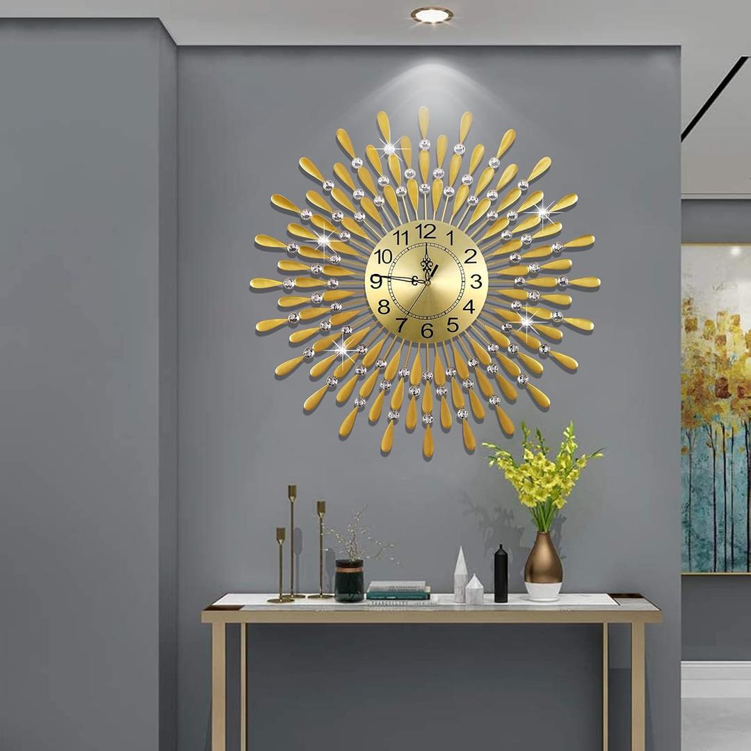 Large Wall Clock Metal Decorative Wall Clocks 3D Non-Ticking Silent Quartz Clocks with Arabic Numerals for Living Room Home Kitchen Decor