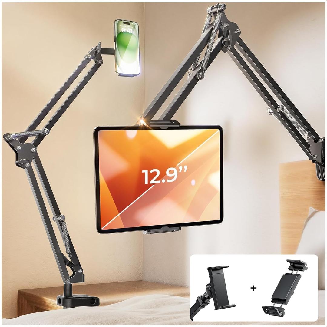 LISEN Tablet Stand iPad Stand for Desk Mount [Ultra Sturdy 2 Clamps] iPad Holder for Tablet Holder Mount Desk Accessories for Men fits iPad Air, iPad 12, iPhone 17e, 4-13" Device (Black)