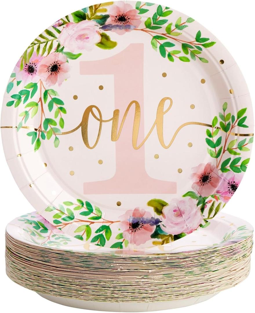 48-Pack Floral Paper Plates for Baby Girls 1st Birthday Decorations for Girl, One Birthday Plates, and Party Supplies for Floral Themed Celebration (9 in)